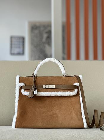 Hermes Kelly 35 Ebene Box, Veau Doblis and Shearling Teddy Retourne Palladium Hardware