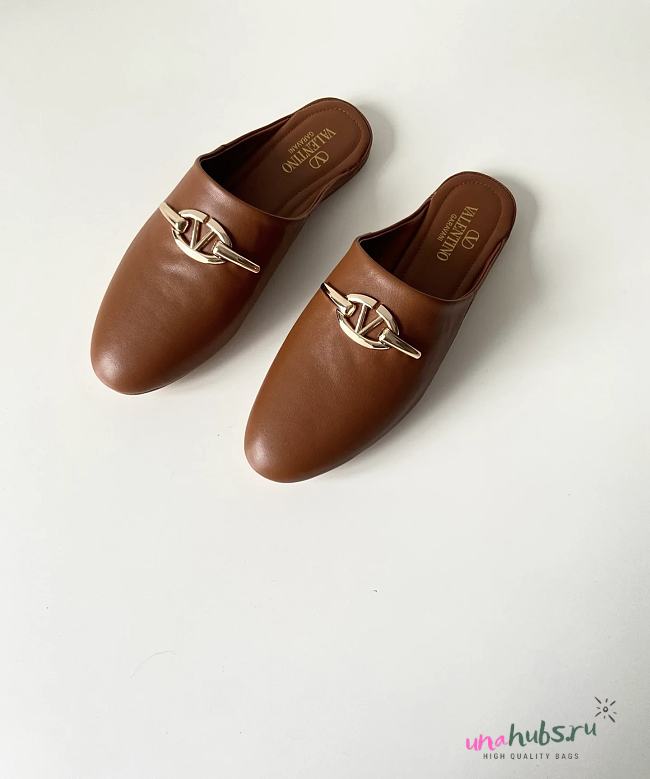 Valentino Garavani Vlogo Signature Leather Brown Mules - 1