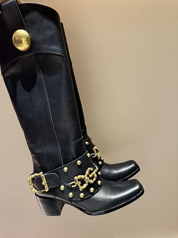 Dolce & Gabbana Black Leather Flower Embellished Knee Length Boots