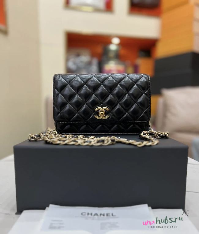 Chanel Lambskin Quilted Golden Links Wallet On Chain WOC Black - 1