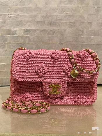 Chanel Pink Beige Raffia Woven Classic Flap Bag 20x12x6cm