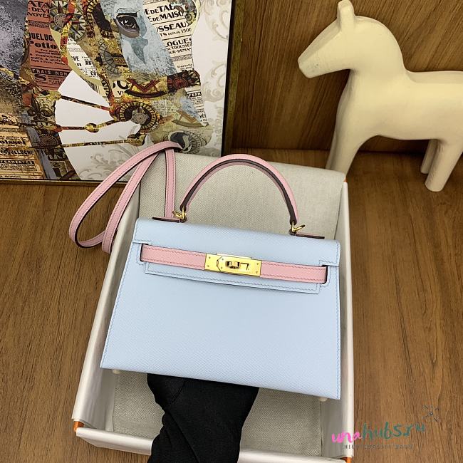 Hermes Mini Kelly Epsom Leather Light Blue With Pink Strap 19cm - 1