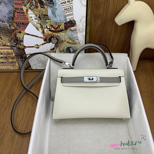 	 Hermes Mini Kelly Epsom Leather White With Grey Strap 19cm - 1