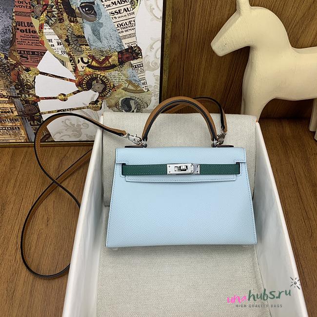 	 Hermes Mini Kelly Epsom Leather Light Blue With Brown Strap 19cm - 1