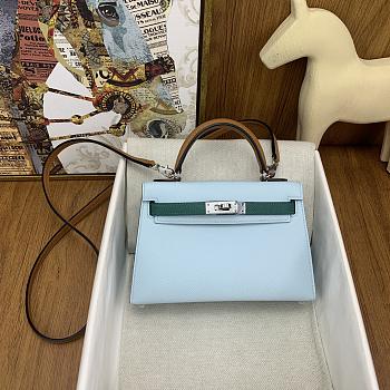 	 Hermes Mini Kelly Epsom Leather Light Blue With Brown Strap 19cm