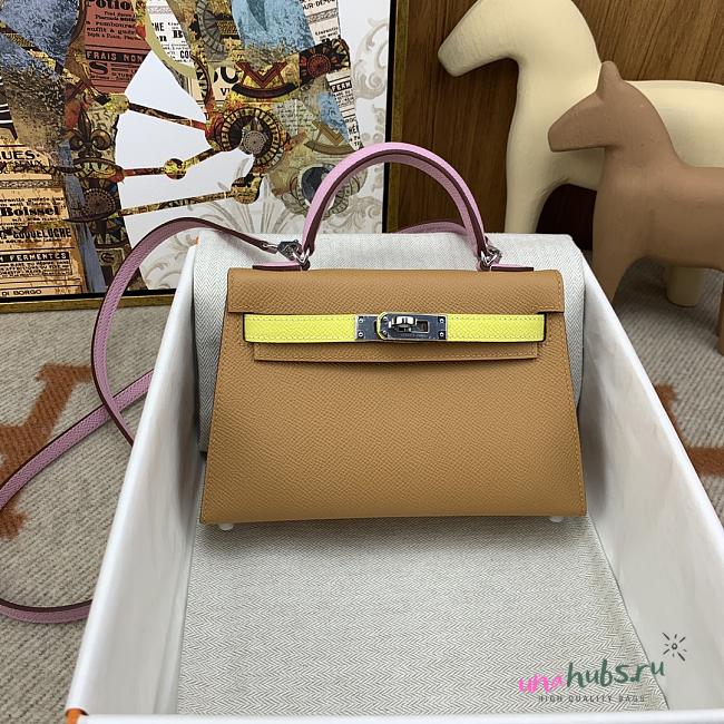 	 Hermes Mini Kelly Epsom Leather Light Brown With Pink Strap 19cm - 1