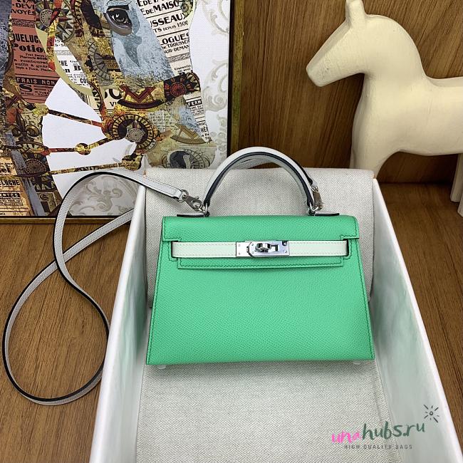 	 Hermes Mini Kelly Epsom Leather Green With White Strap 19cm - 1