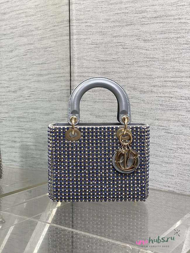 Dior Small Lady Dior Bag Metallic Blue Square-Pattern Embroidery Set with Strass and Round Beads  - 1