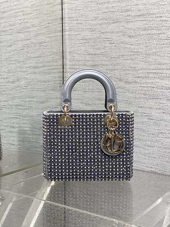 Dior Small Lady Dior Bag Metallic Blue Square-Pattern Embroidery Set with Strass and Round Beads 