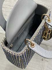 Dior Small Lady Dior Bag Metallic Blue Square-Pattern Embroidery Set with Strass and Round Beads  - 5