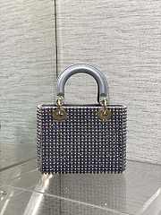 Dior Small Lady Dior Bag Metallic Blue Square-Pattern Embroidery Set with Strass and Round Beads  - 4