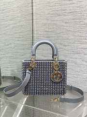 Dior Small Lady Dior Bag Metallic Blue Square-Pattern Embroidery Set with Strass and Round Beads  - 2