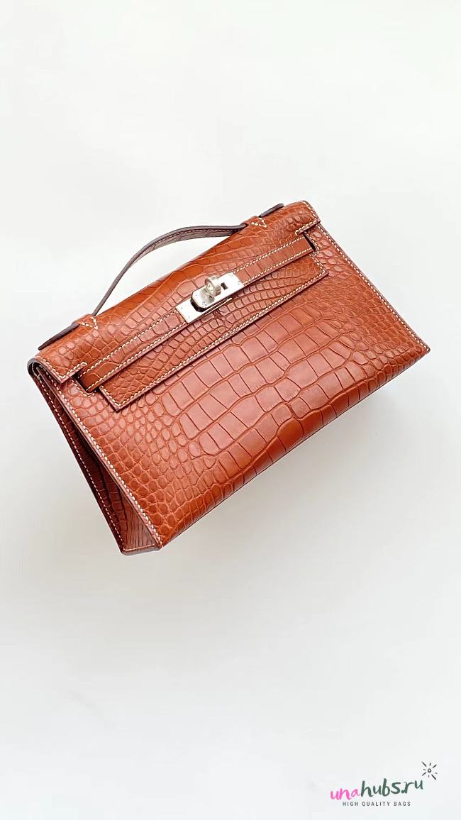 	 Hermes Kelly Pochette Crocodile Matte Brown Bag 22*12*7cm - 1