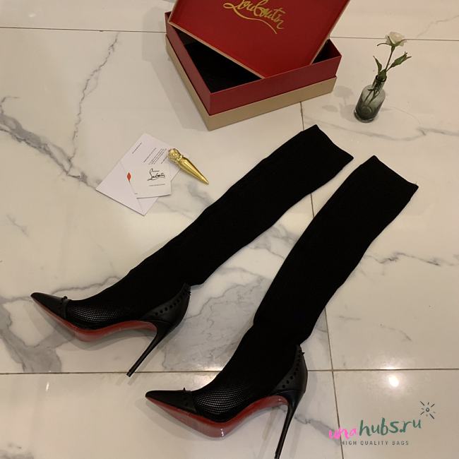 Christian Louboutin Dovi Dova Sock Booties 100mm Knee-high Boots Knit Fabric and Leather Black - 1