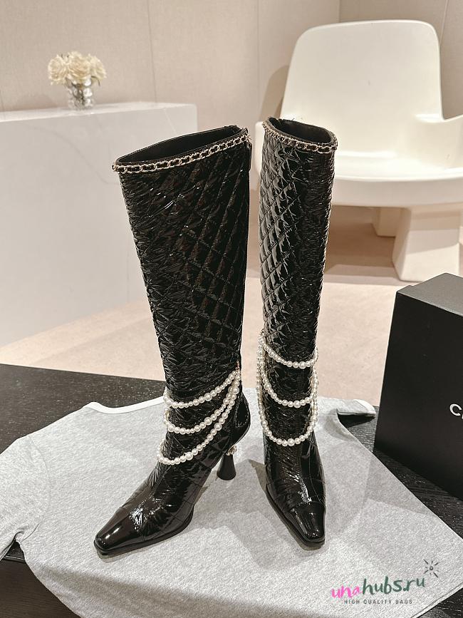 Chanel Patent Leather With Pearl Chain High Knee Boots - 1