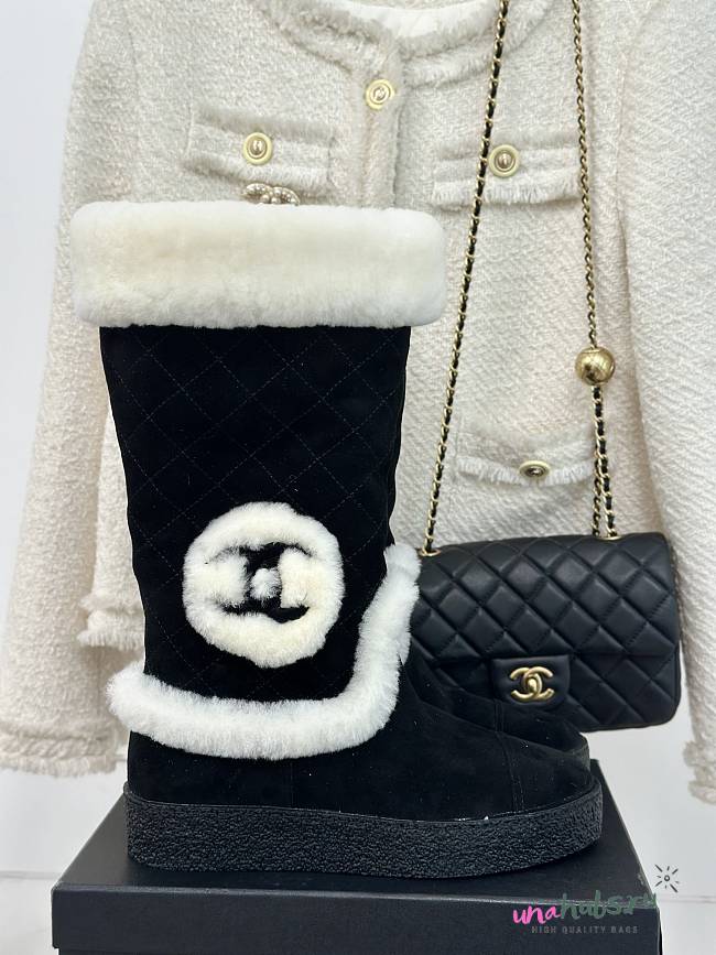 Chanel CC Logo Suede Shearling Boots - 1