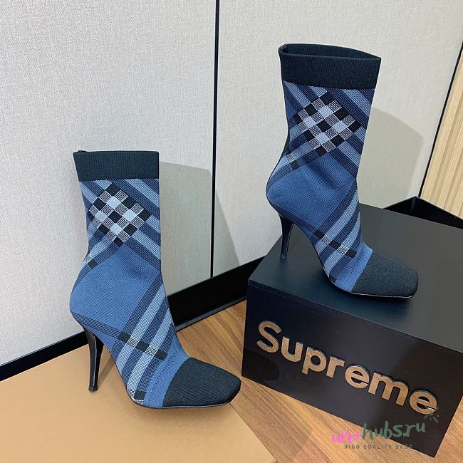 Burberry Knitted Check Sock Blue Boots - 1