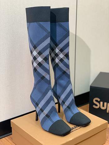 Burberry Knitted Check Sock Blue Knee Boots