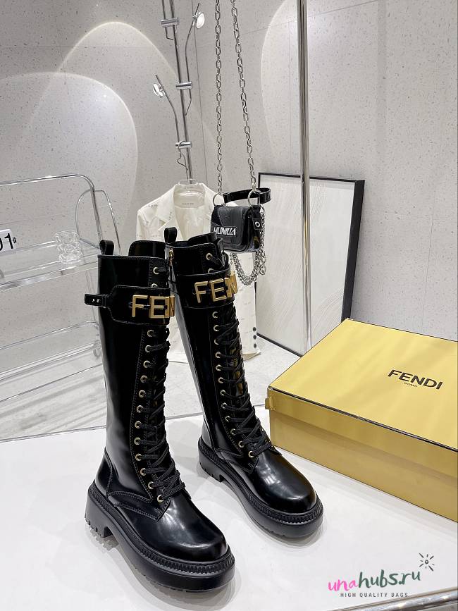 Fendi Logo Plaque Lace-Up Biker Long Boots - 1