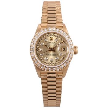 Rolex Lady President 26mm-Champagne String Diamond Dial-Diamond Bezel