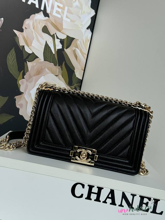 	 Chanel Medium Le Boy Chevron Black Caviar Leather Shiny Gold Hardware - 1