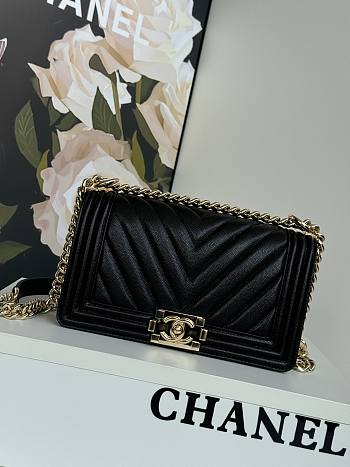 	 Chanel Medium Le Boy Chevron Black Caviar Leather Shiny Gold Hardware