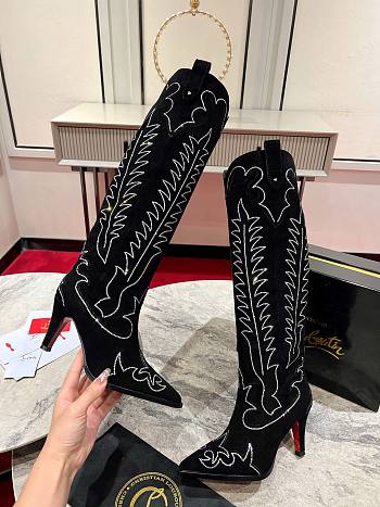 	 Christian Loubutin Black Velvet High Knee Boots