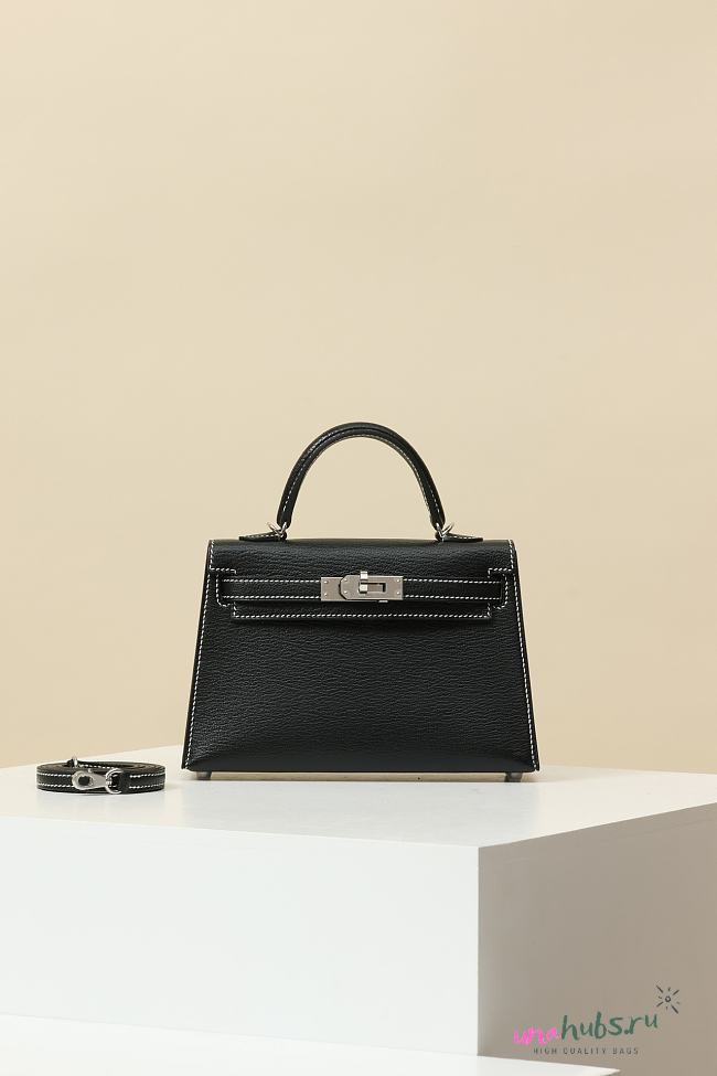 Hermes Kelly Mini Black With White Stitching Silver Hardware - 1