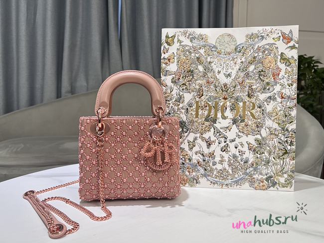  Dior Mini Lady Bag Rose Des Vents Cannage Calfskin Embroidered with Resin Pearls - 1