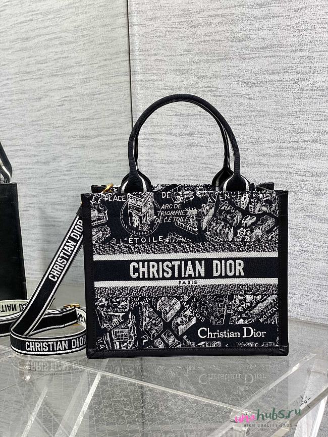 Dior Small Book Tote Black and White Plan de Paris Embroidery with Black Calfskin - 26.5 x 22 x 14 cm - 1