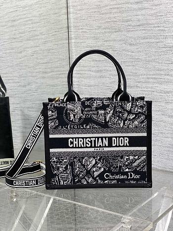 Dior Small Book Tote Black and White Plan de Paris Embroidery with Black Calfskin - 26.5 x 22 x 14 cm