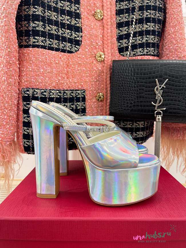 Valentino VLogo holographic platform sandals in silver/gold 15cm - 1