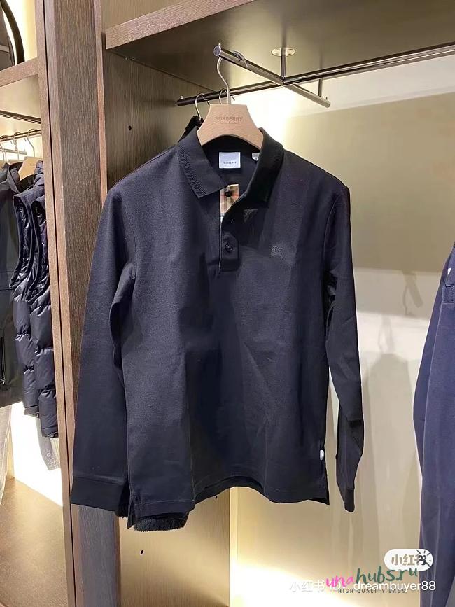 Burberry Long Sleeve Cotton Polo Black Shirt - 1