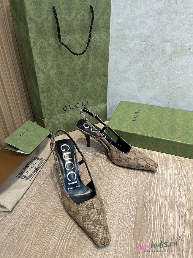 Gucci Beige/Brown GG Canvas Slingback Pumps - 1
