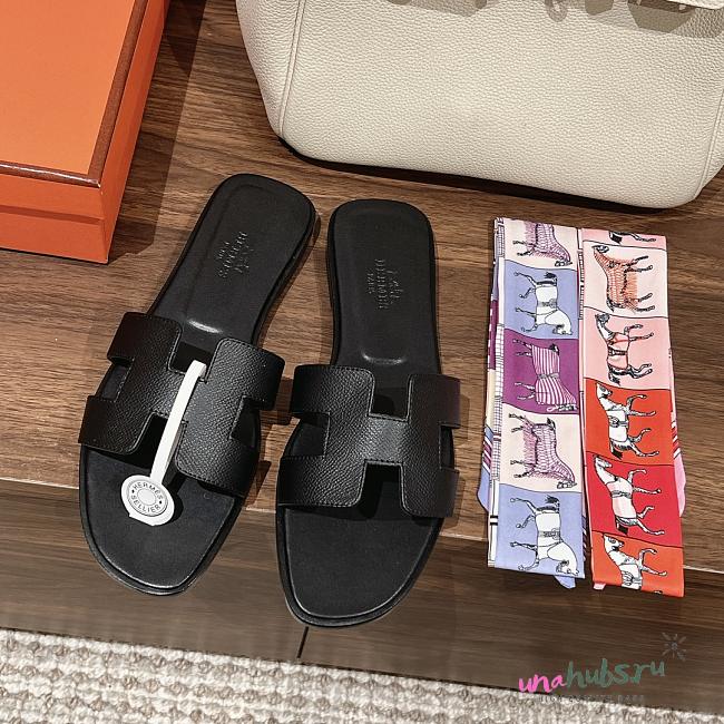 Hermes Oran All Black Slides - 1