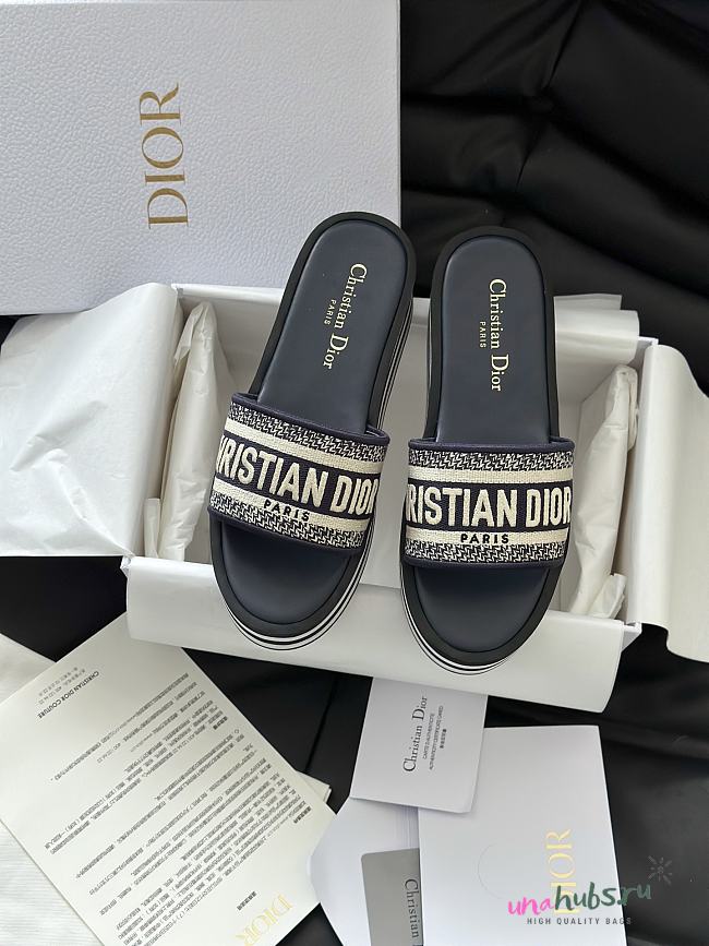 Dior Dway Platform Slide Deep Blue Embroidered Cotton - 1
