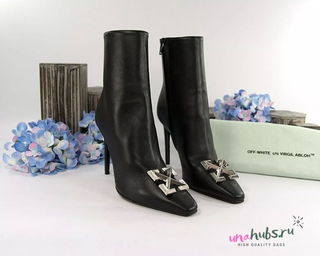 Off White Black Lambskin Arrow Heeled Bootie Boot - 1
