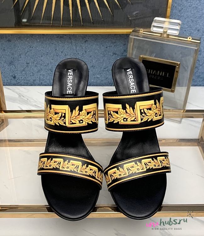 Versace Baroque 95mm Printed Mules In Black - 1