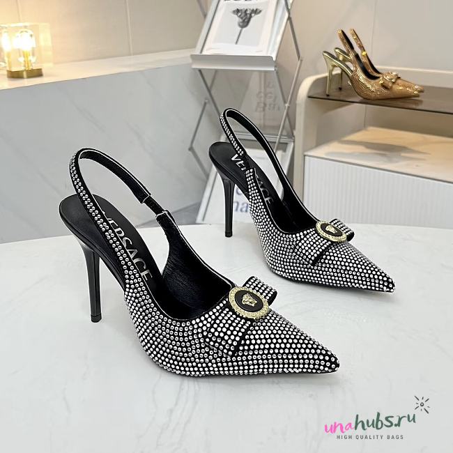 Versace Medusa 95 embellished slingback pumps in black  - 1