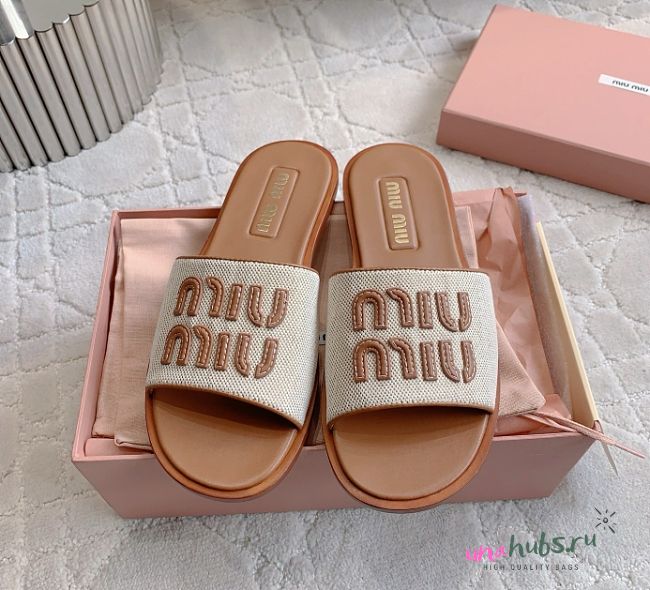 Miu Miu Canvas Logo Flat Slide Sandals - 1