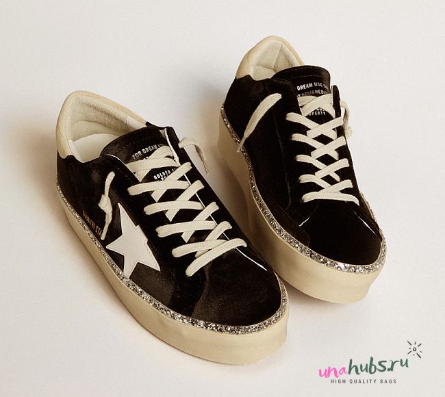 Golden Goose Hi Star in black velvet with white leather star and suede heel tab - 1