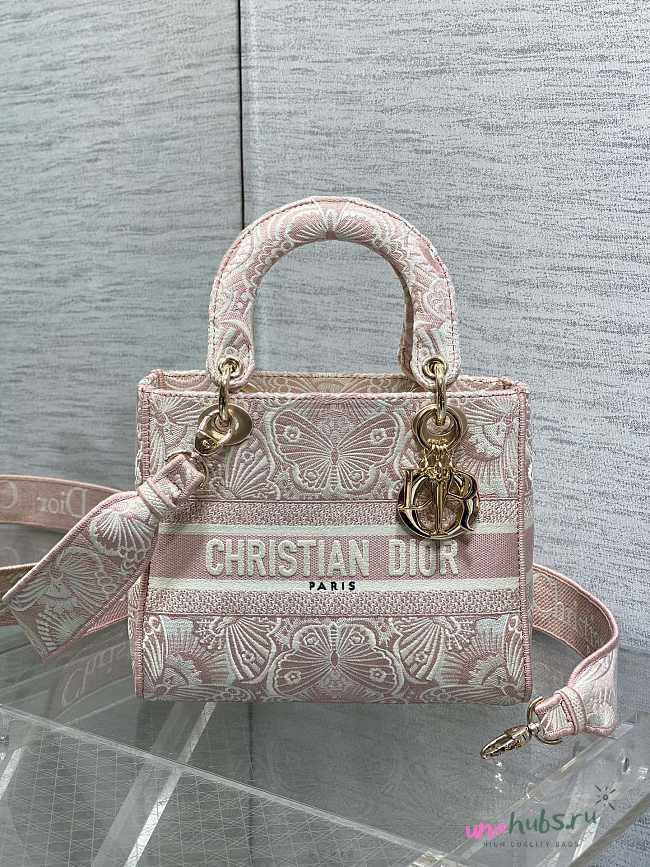 Dior Medium Lady Celestial Pink and White D-Butterfly Paisley Embroidery 24*11*20cm - 1