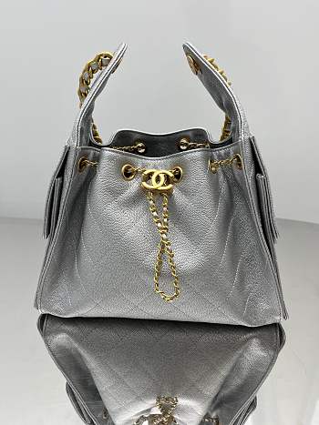 Chanel Drawstring Silver Bag Caviar Leather -30x26x14cm