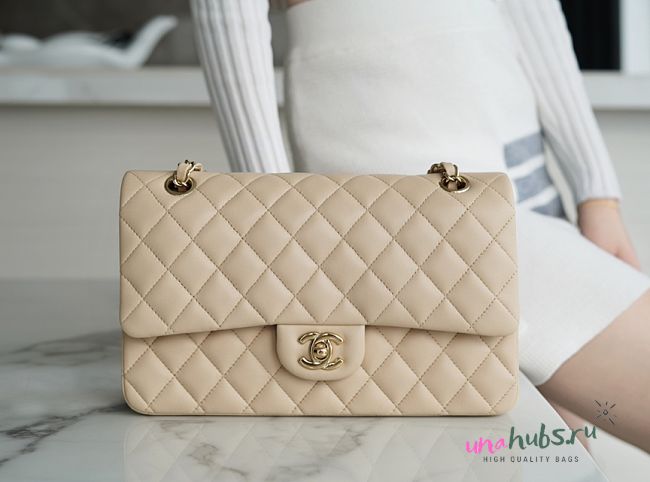 Chanel Medium Classic Flap Bag In Light Beige Lambskin Leather 25cm - 1