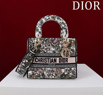Dior Medium Lady D-Lite Bag Latte Embroidery with Multicolor Flower - 24x20x12cm