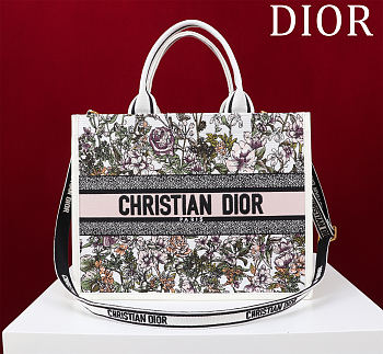 	 Dior Medium Book Tote Latte Embroidery with Multicolor Flower and Latte Calfskin 36.5 x 28 x 17.5 cm