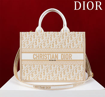 	 Dior Medium Book Tote Yellow Dior Oblique Chambray Embroidery and Latte Calfskin - 36*28*16cm