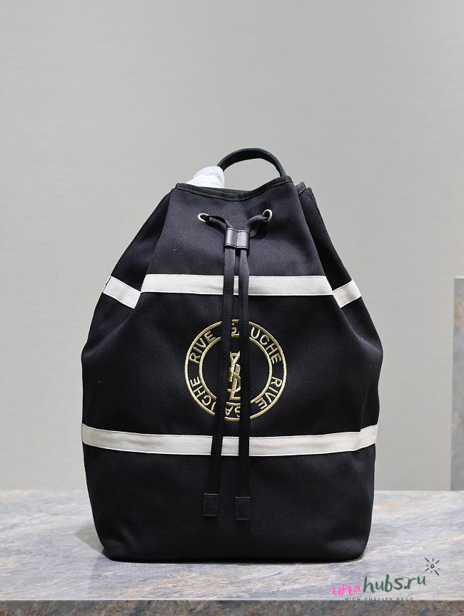 YSL Saint Laurent Herringbone-trimmed Logo-embroidered Twill Bucket Bag In Black 31×49×25cm - 1