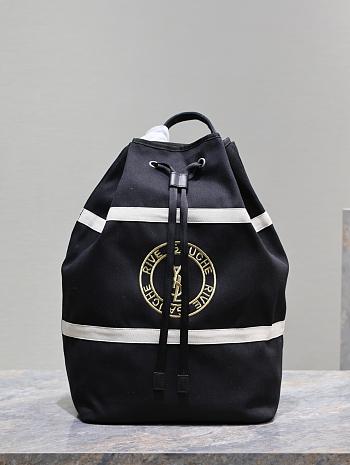 YSL Saint Laurent Herringbone-trimmed Logo-embroidered Twill Bucket Bag In Black 31×49×25cm