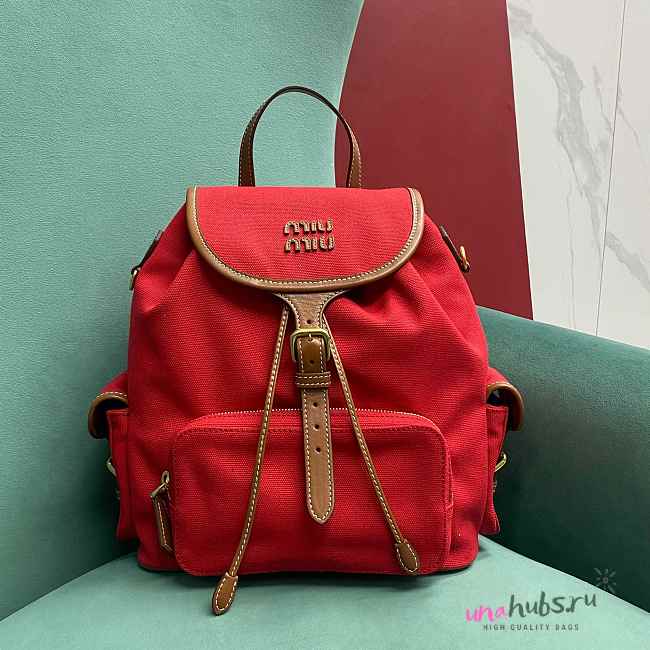 	 Miu Miu Cornflower Red/brandy Canvas And Leather Backpack - 29.5X25X12.5cm - 1